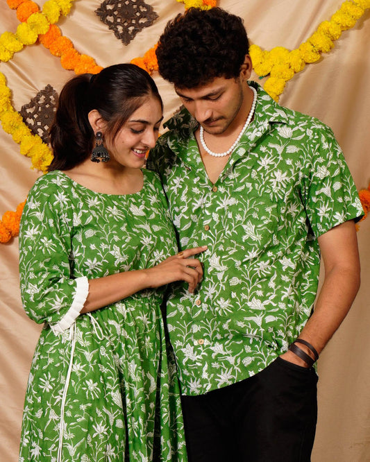 Green Tender Pattern Couple Matching Shirt and Dress