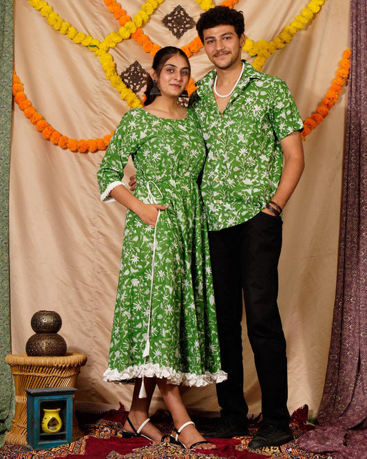 Green Tender Pattern Couple Matching Shirt and Dress