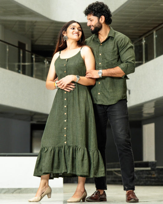 Green Plain Pattern Couple Matching Shirt and Dress