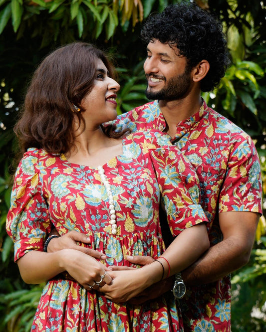 Red Flower Pattern Couple Matching Shirt and Dress