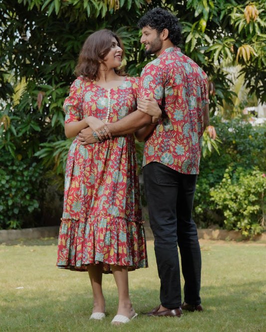 Red Flower Pattern Couple Matching Shirt and Dress