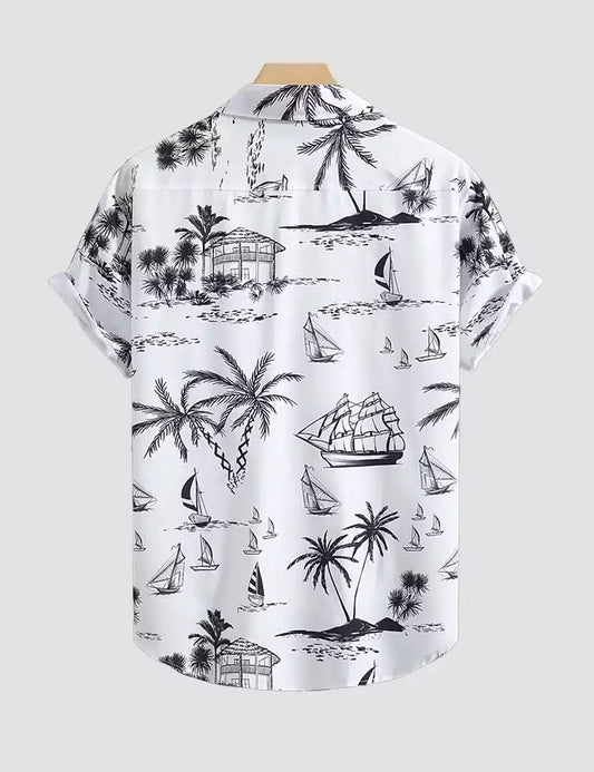 Beach On White Design Printed Mens Cotton Half Sleeves Shirts