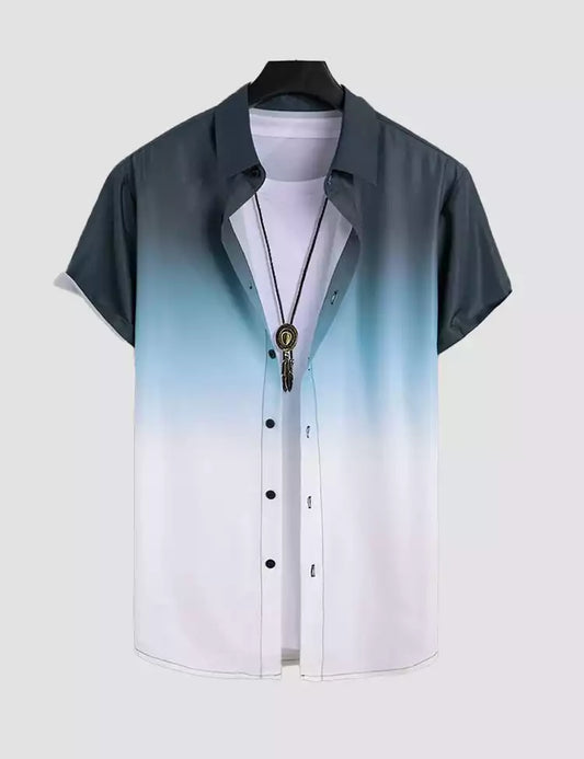 Blue White Shade Design Printed Mens Cotton Half Sleeves Shirts