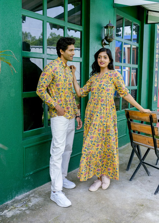 Yellow Flower Design Couple Matching Shirt and Dress