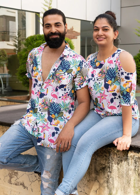 Multicolor Flower Pattern Couple Matching Shirt and Dress