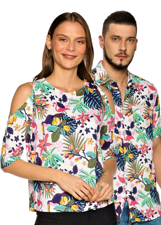 Multicolor Flower Pattern Couple Matching Shirt and Dress