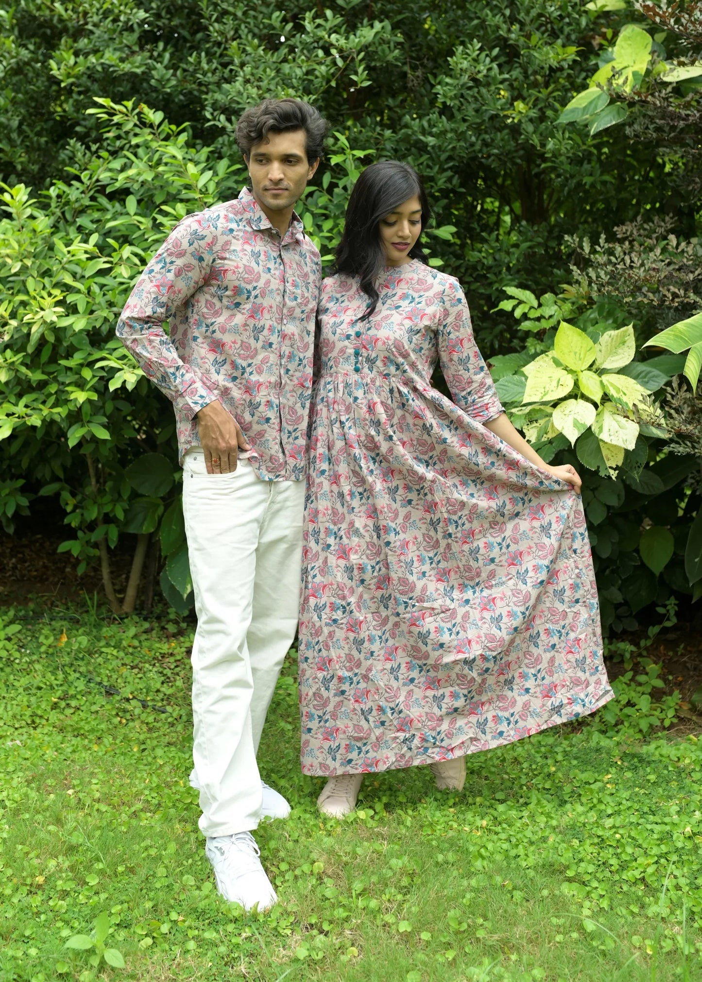 Flower Pattern Couple Matching Shirt and Dress