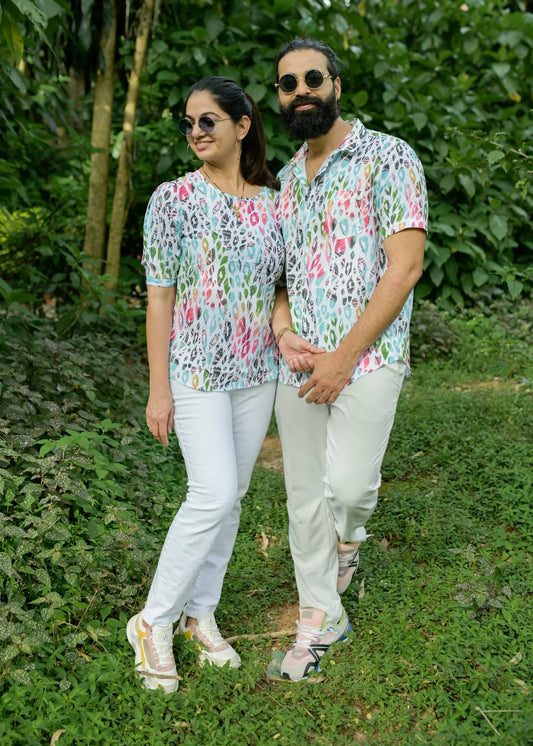 Green Flower  Pattern Couple Matching Shirt and Dress