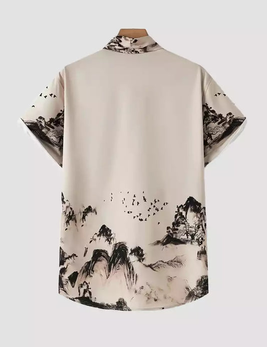 Cream Mountain Design Printed Mens Cotton Half Sleeves Shirts