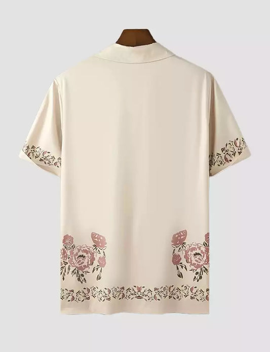 Peach Rose Design Printed Mens Cotton Half Sleeves Shirts