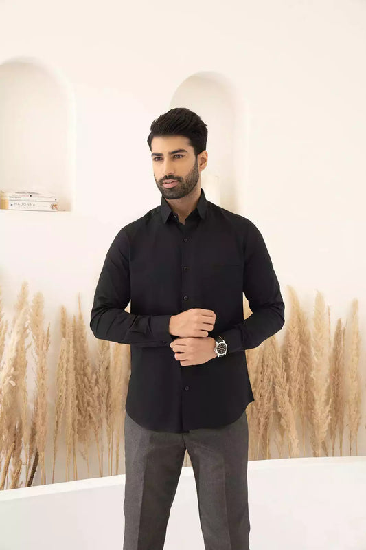 Black Premium Men's Full Sleeves Plain Shirt Collection Cotton Fabric