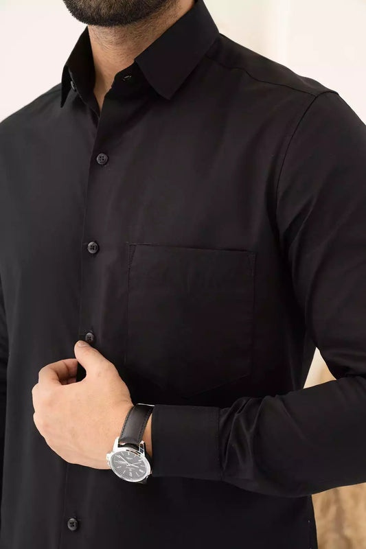 Black Premium Men's Full Sleeves Plain Shirt Collection Cotton Fabric