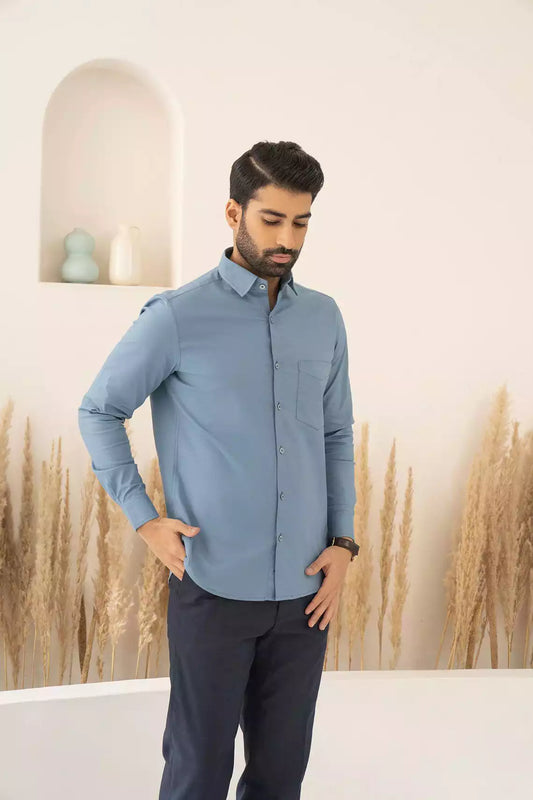 Blue Premium Men's Full Sleeves Plain Shirt Collection Cotton Fabric