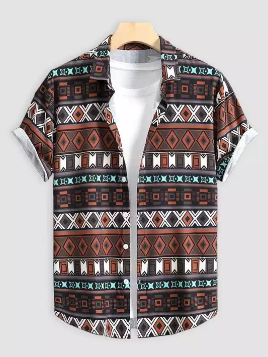 Brown Color Beach and casual Multicolor Printed Shirt Cotton Material Half Sleeves Mens BlueThread