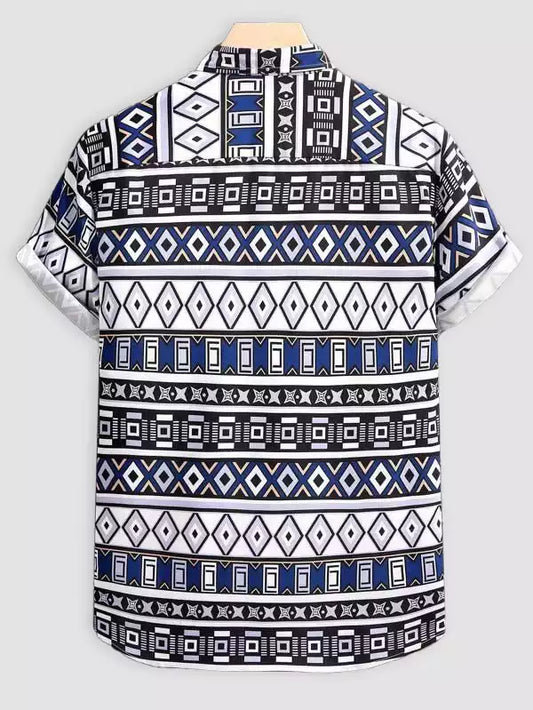 Mix Pattern Dark Blue Beach and casual Multicolor Printed Shirt Cotton Material Half Sleeves Mens BlueThread