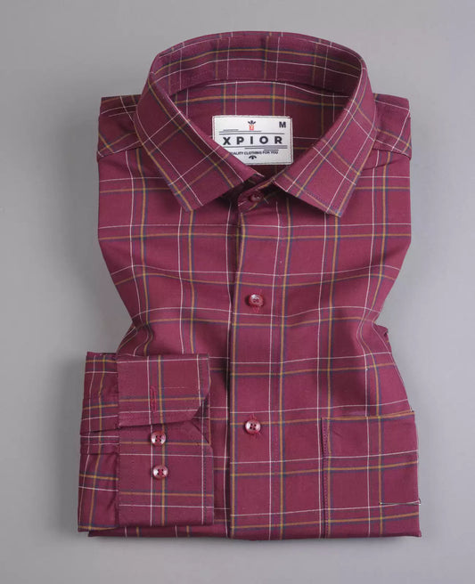 Impressive Men's Full Sleeves Checks Formal Shirt Premium Collection Cotton Fabric Dark Pink