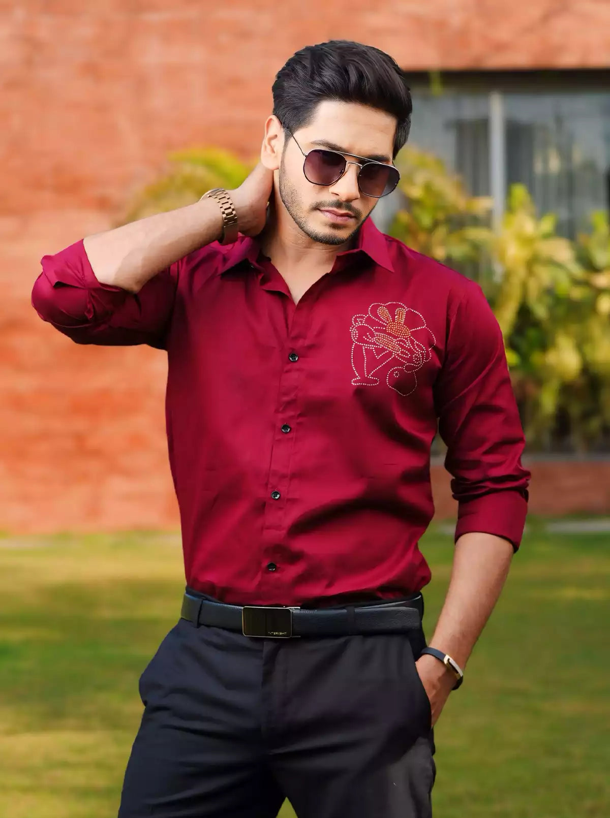 Maroon Embroidery Mens Full Sleeves Formal Shirt Party Wear