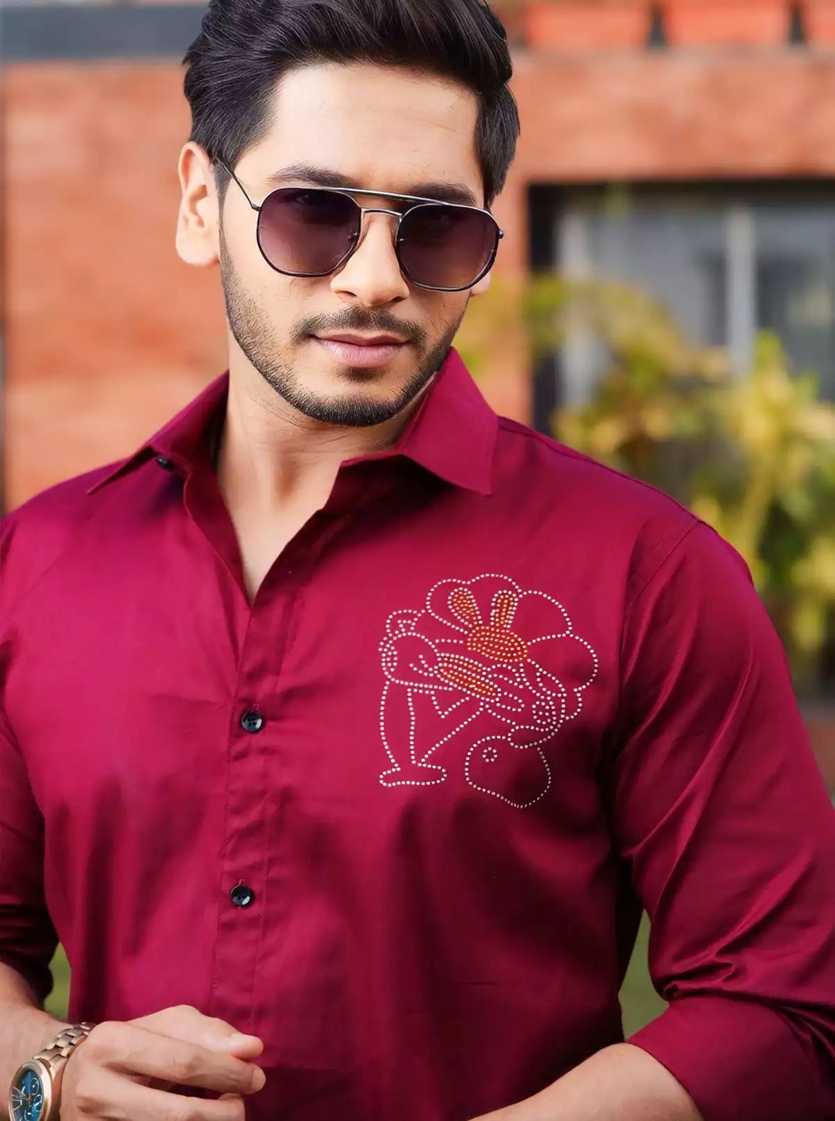 Maroon Embroidery Mens Full Sleeves Formal Shirt Party Wear