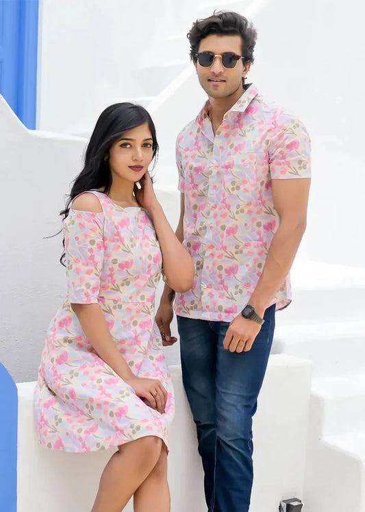 Pink Flower Pattern Couple Matching Shirt and Dress