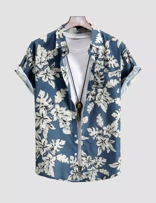 Blue Tulip Design Printed Mens Cotton Half Sleeves Shirts