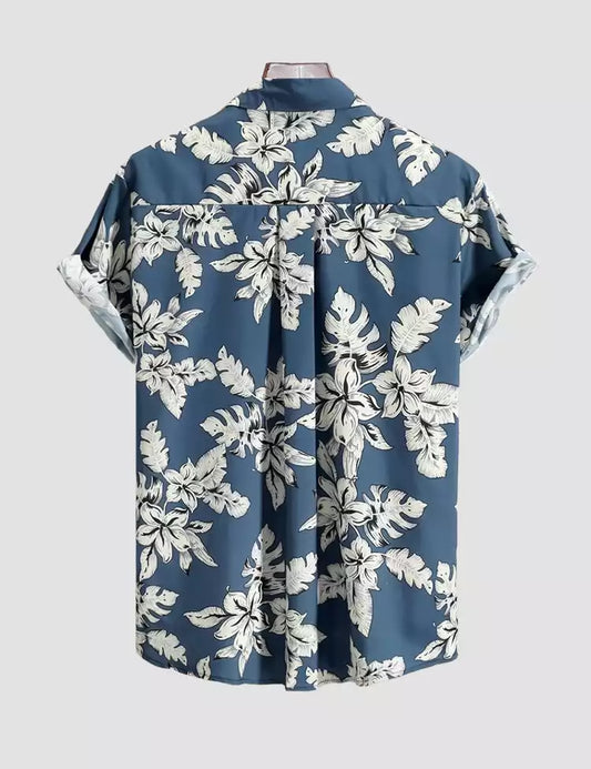 Blue Tulip Design Printed Mens Cotton Half Sleeves Shirts