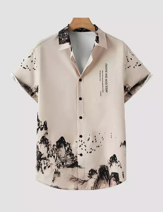 Cream Mountain Design Printed Mens Cotton Half Sleeves Shirts