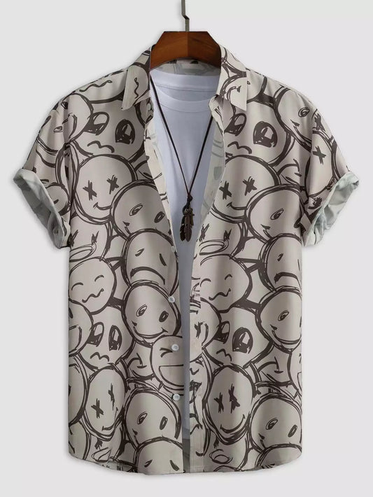 Gray and White Emoji Design Beach and casual Multicolor Printed Shirt Cotton Material Half Sleeves Mens bluethread