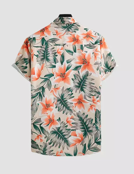 Orange Green Leaves Design Printed Mens Cotton Half Sleeves Shirts