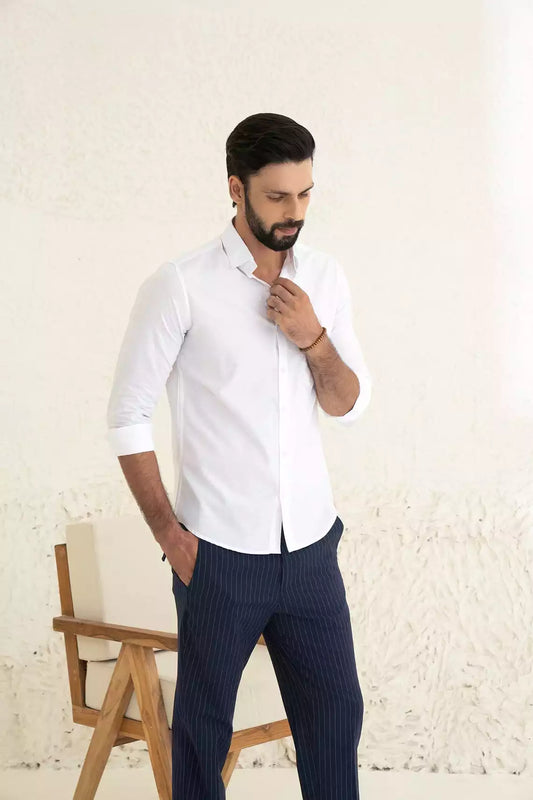 White Premium Men's Full Sleeves Plain Shirt Collection Cotton Fabric