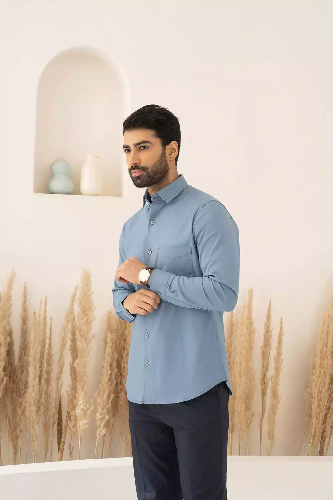 Blue Premium Men's Full Sleeves Plain Shirt Collection Cotton Fabric