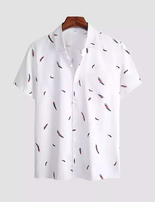 White Feather Design Printed Mens Cotton Half Sleeves Shirts